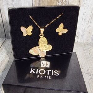 Kiotis Paris Gold Tone Butterfly Necklace and Earrings Jewelry Set Iridescent